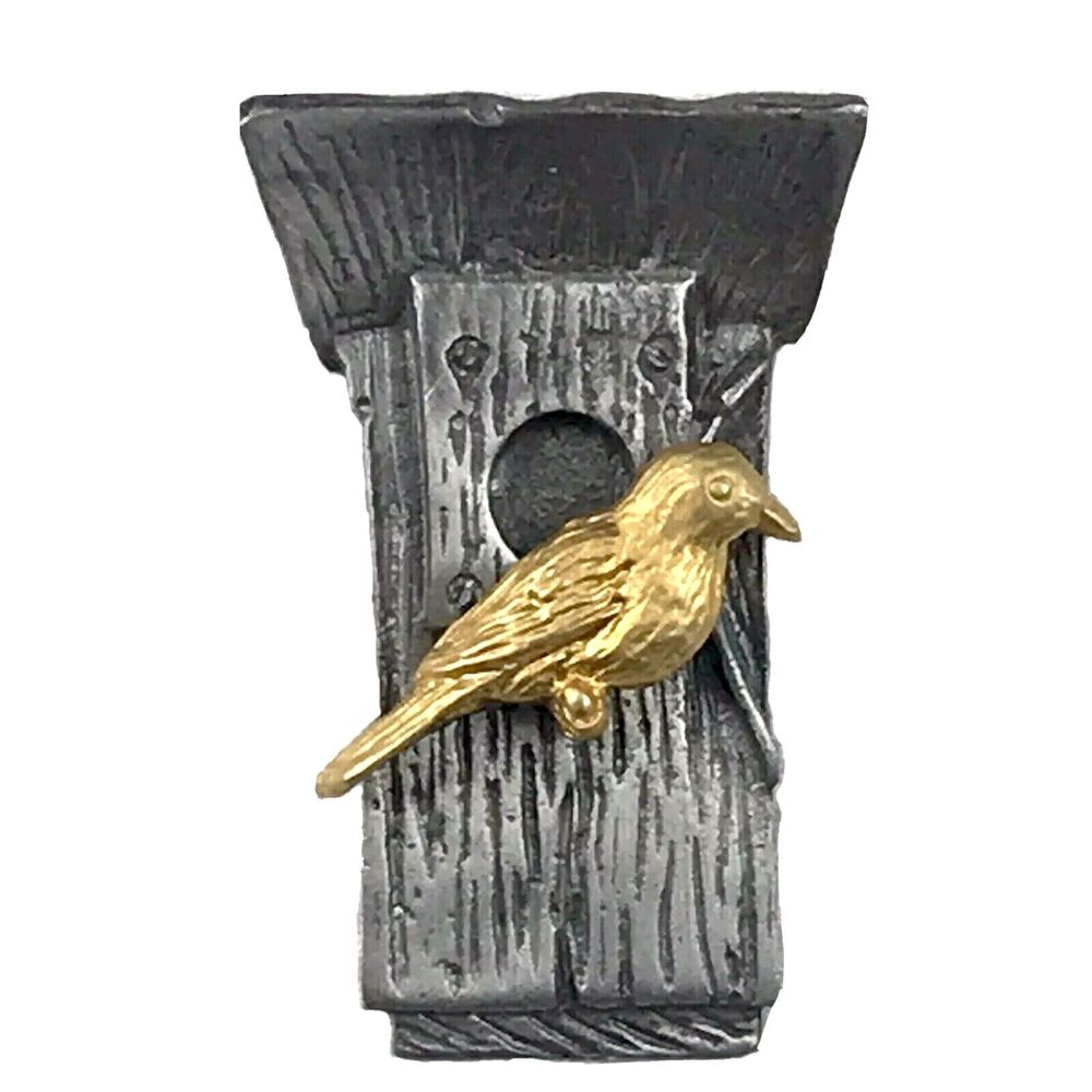 Pewter Birdhouse Gold Tone Bird Pin Brooch 1999 Bastin